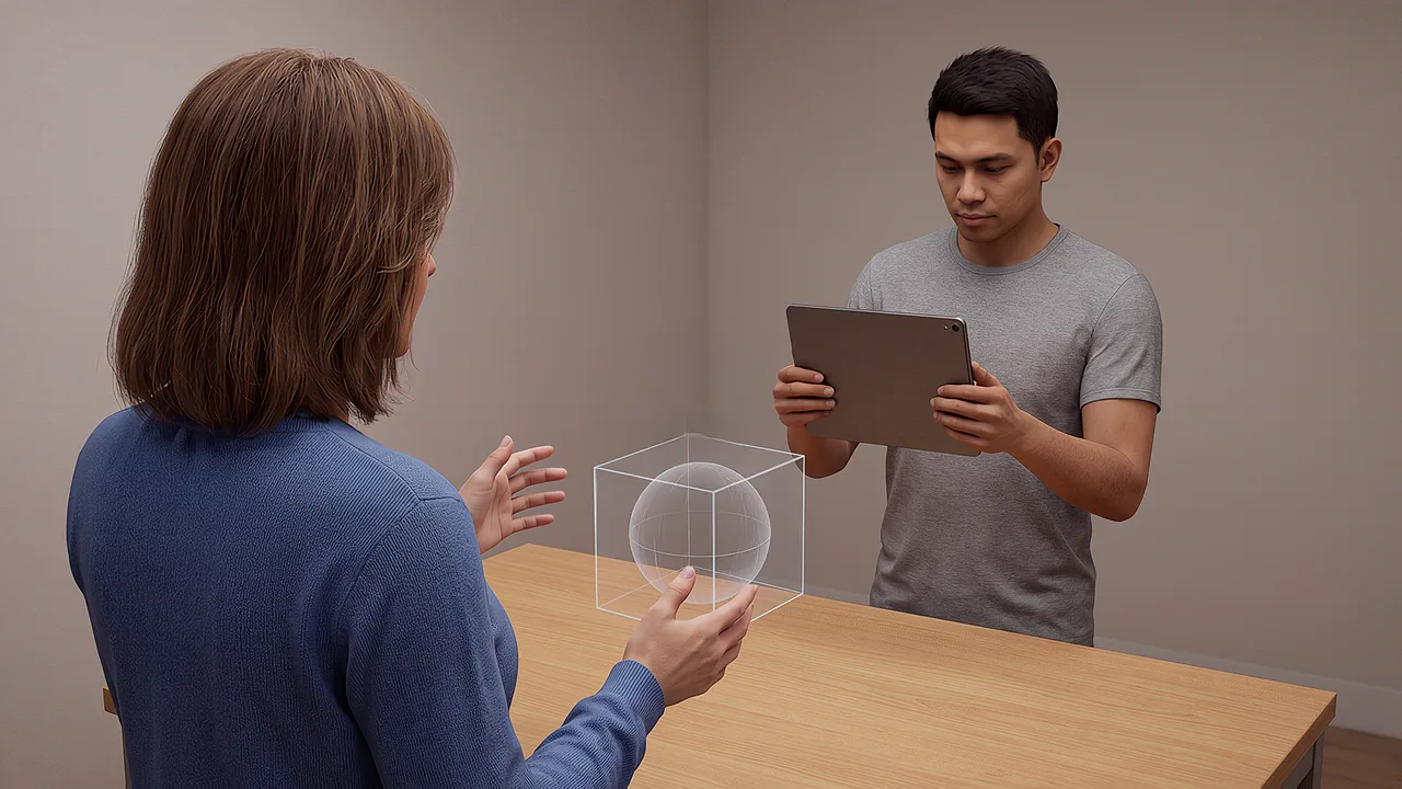 Two people view an overlay through a tablet. A VR training scenario for XR and AI concepts explained simply.
