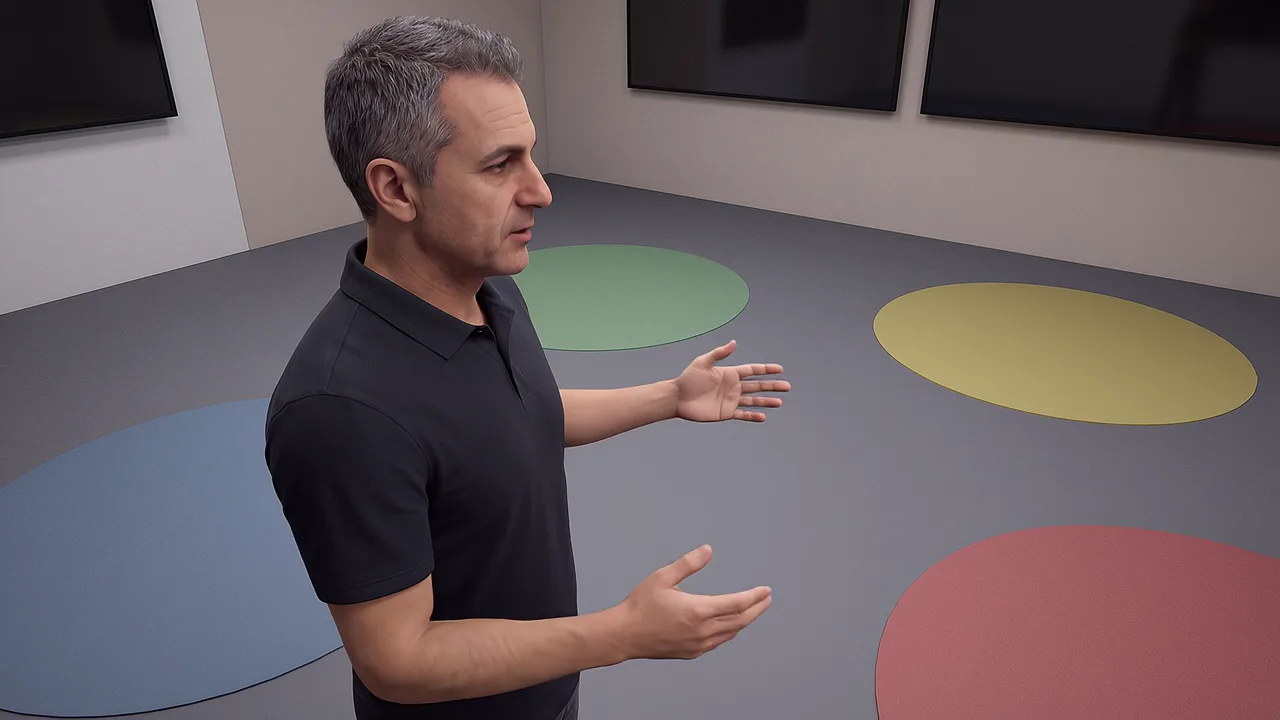 A facilitator stands among decision zones. A VR training scenario for XR and AI concepts explained simply.