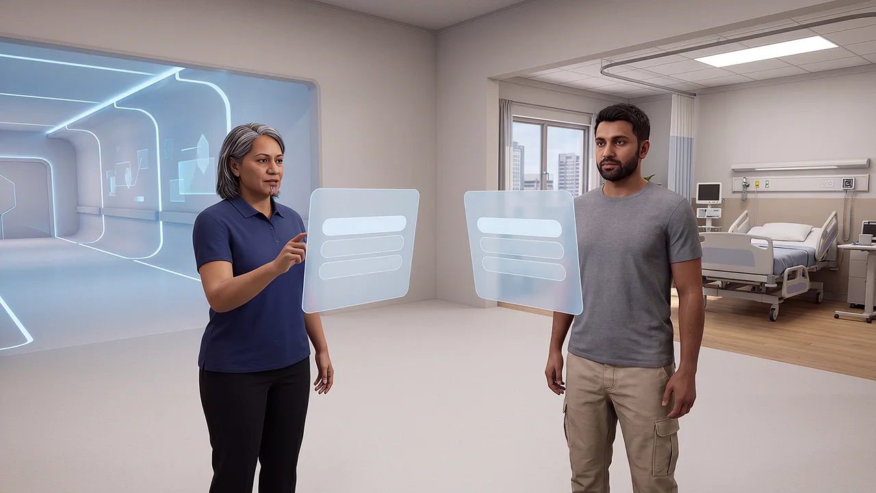 Two guides stand on separate practice routes. A first person VR training scenario for XR and AI concepts explained simply, seen through the headset.