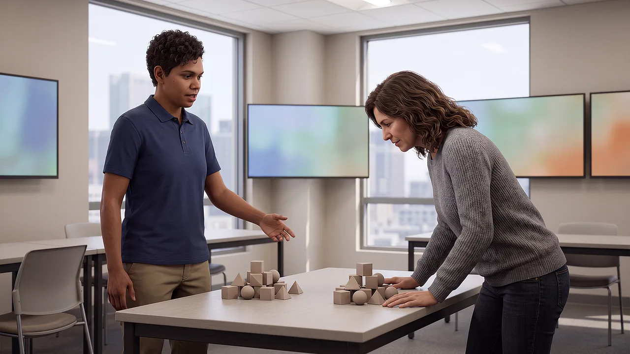 Two people examine uneven training groups. A VR training scenario for what is AI.