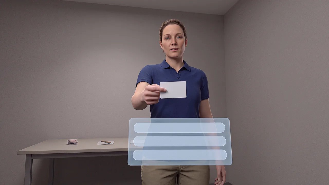 A reviewer holds out a card. A first person VR training scenario for what is AI, seen through the headset.