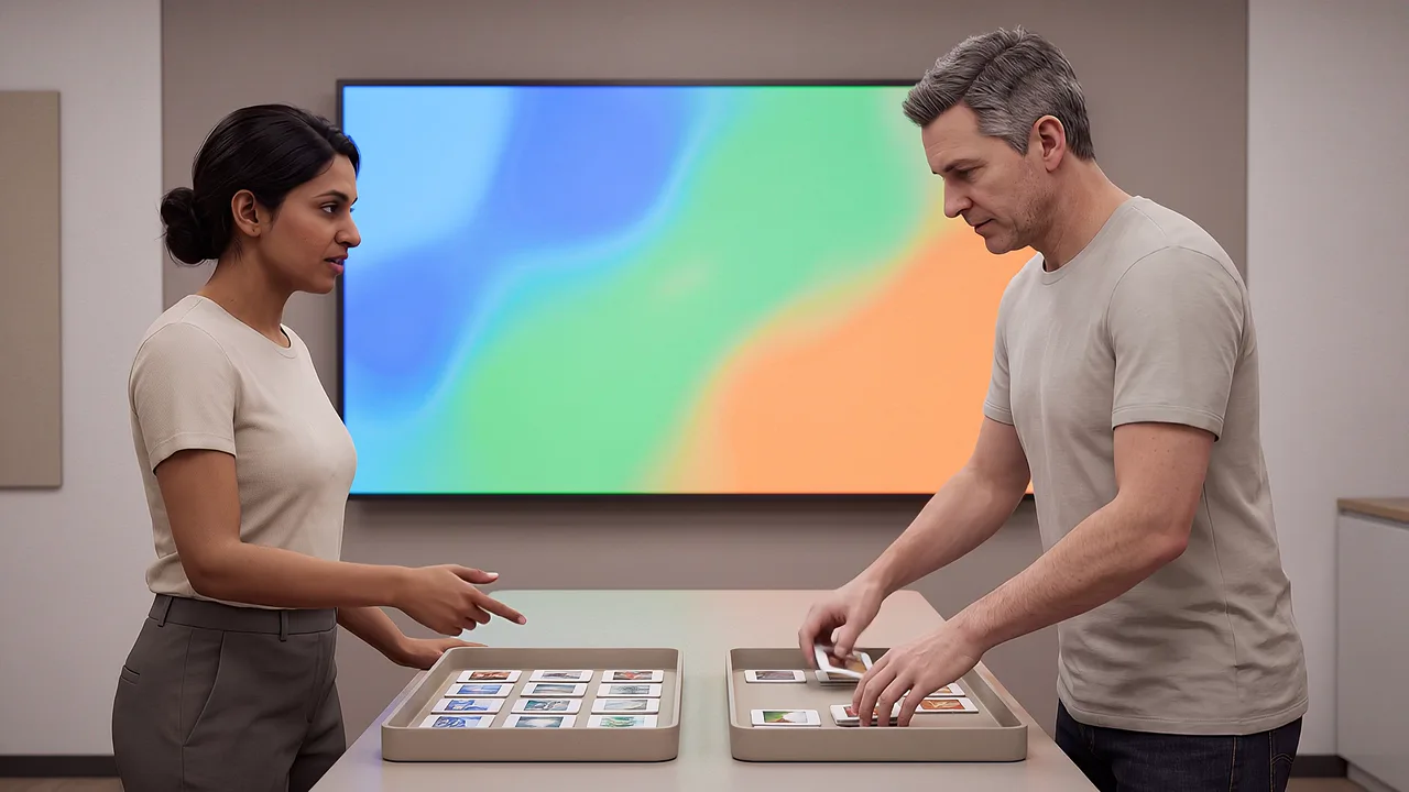 A learner sorts tokens beside a facilitator. A VR training scenario for what is AI.