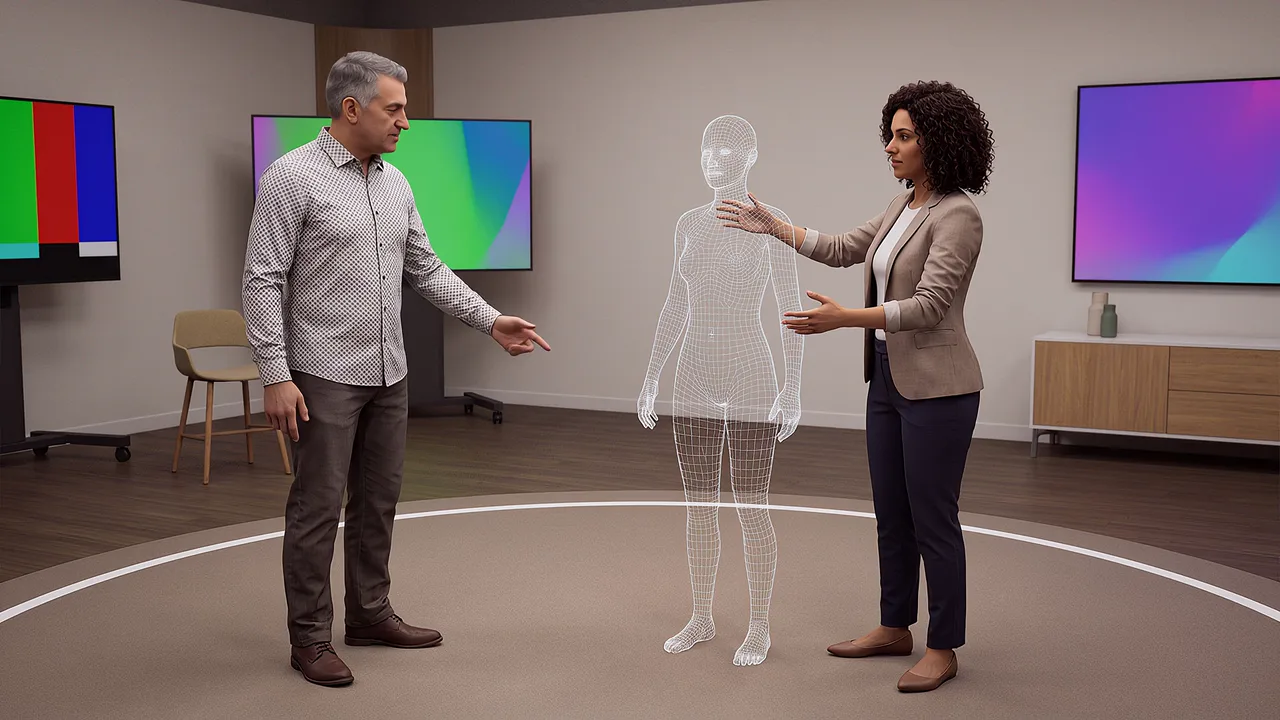 Two designers arrange markers at a station. A VR training scenario for AI and XR.