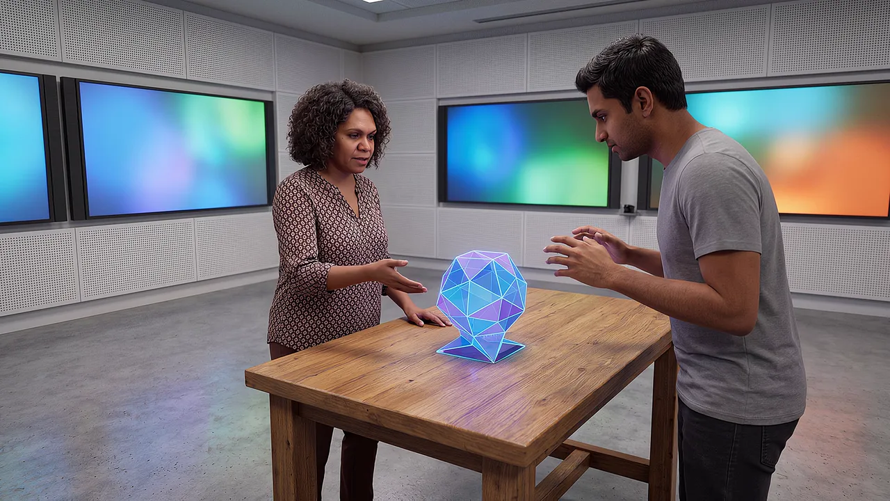 A learner moves a hand behind an object. A VR training scenario for AI and XR.