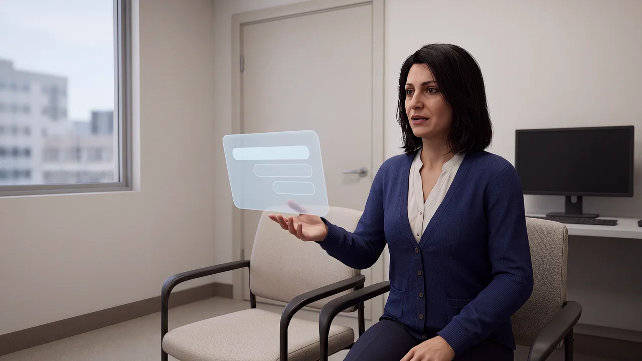 A clinical character responds inside a headset view. A first person VR training scenario for AI and XR, seen through the headset.