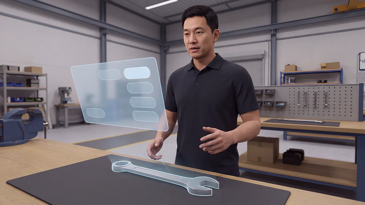 An instructor points to an aligned guide. A first person VR training scenario for AI and XR, seen through the headset.