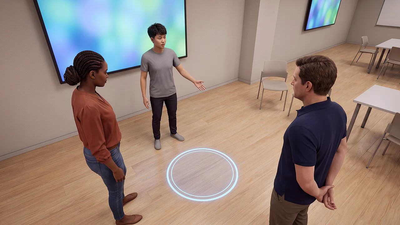 Three people stand around a character marker. A VR training scenario for AI and XR.