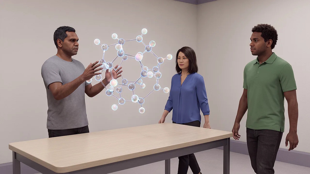 Three people stand around a classroom table inspecting a large molecular model floating above it. A VR scene for what is augmented reality.