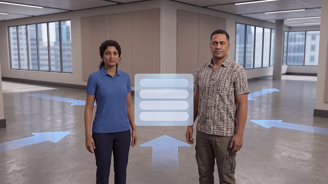 Two guides stand beneath route arrows. A first person VR training scenario for what is augmented reality, seen through the headset.