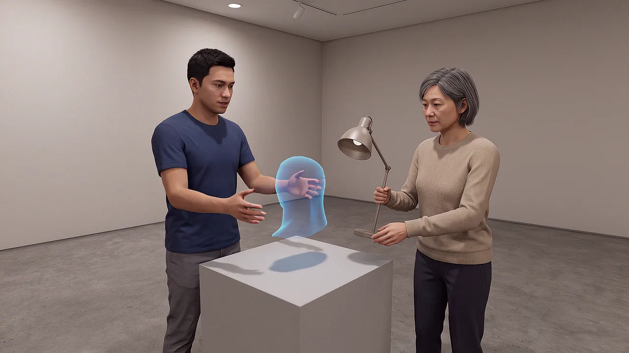 Two people examine a form and its shadow. A VR training scenario for what is augmented reality.