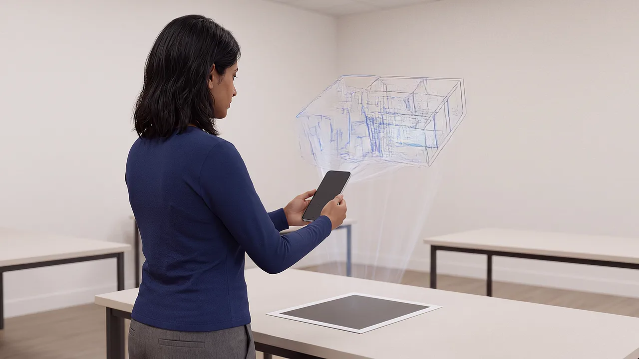 A facilitator views a 3D structure through a phone held over a marker. A VR training scenario for what is augmented reality.