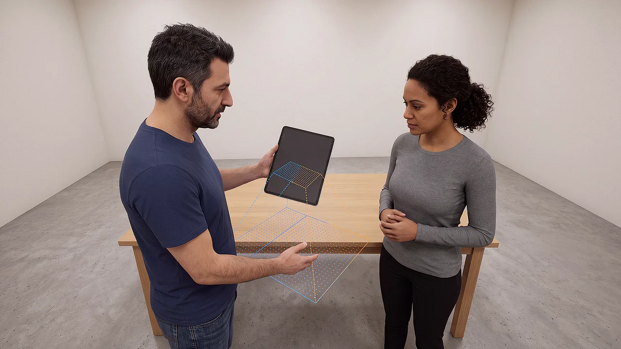 Two people display dotted planes on a tablet. A VR training scenario for what is augmented reality.