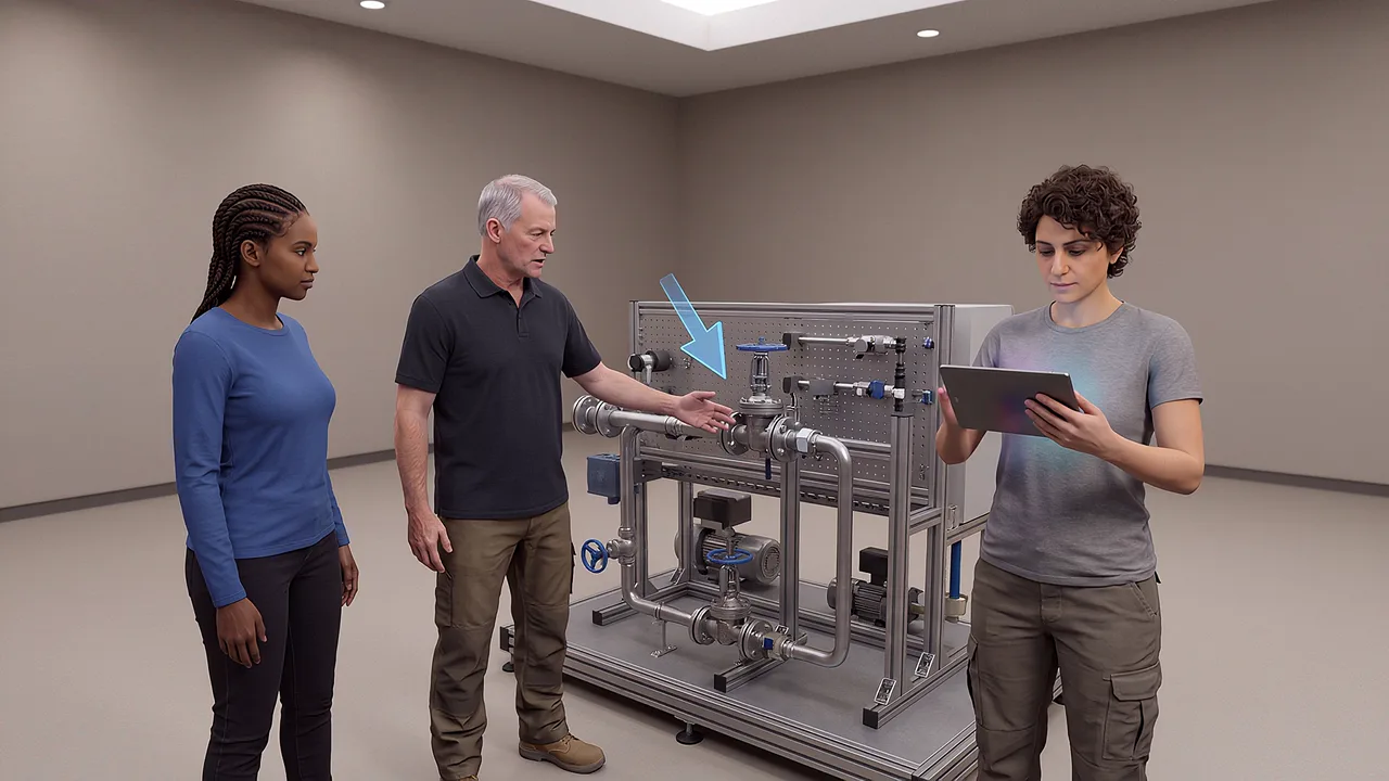 Three people display a guidance arrow over a pipe rig. A VR training scenario for what is augmented reality.