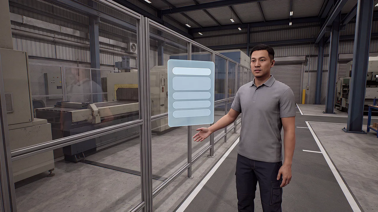 An instructor points along a route. A first person VR training scenario for choosing the right technology, seen through the headset.