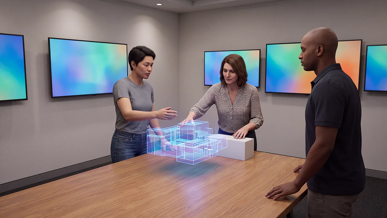 Three people gather around a table model, examining it together.