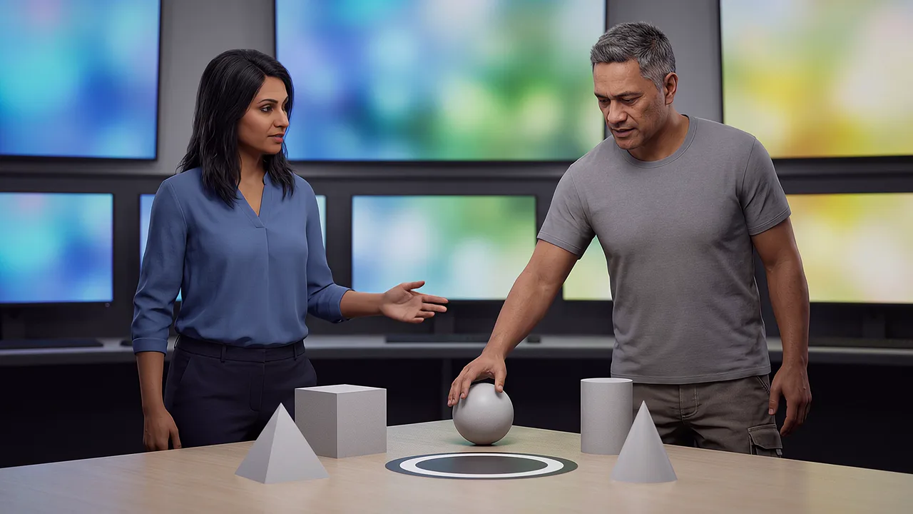 Two people arrange objects around a marker. A VR training scenario for choosing the right technology.