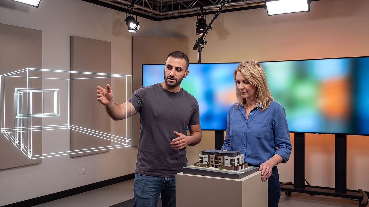 A learner stands in a room outline. A VR training scenario for choosing the right technology.