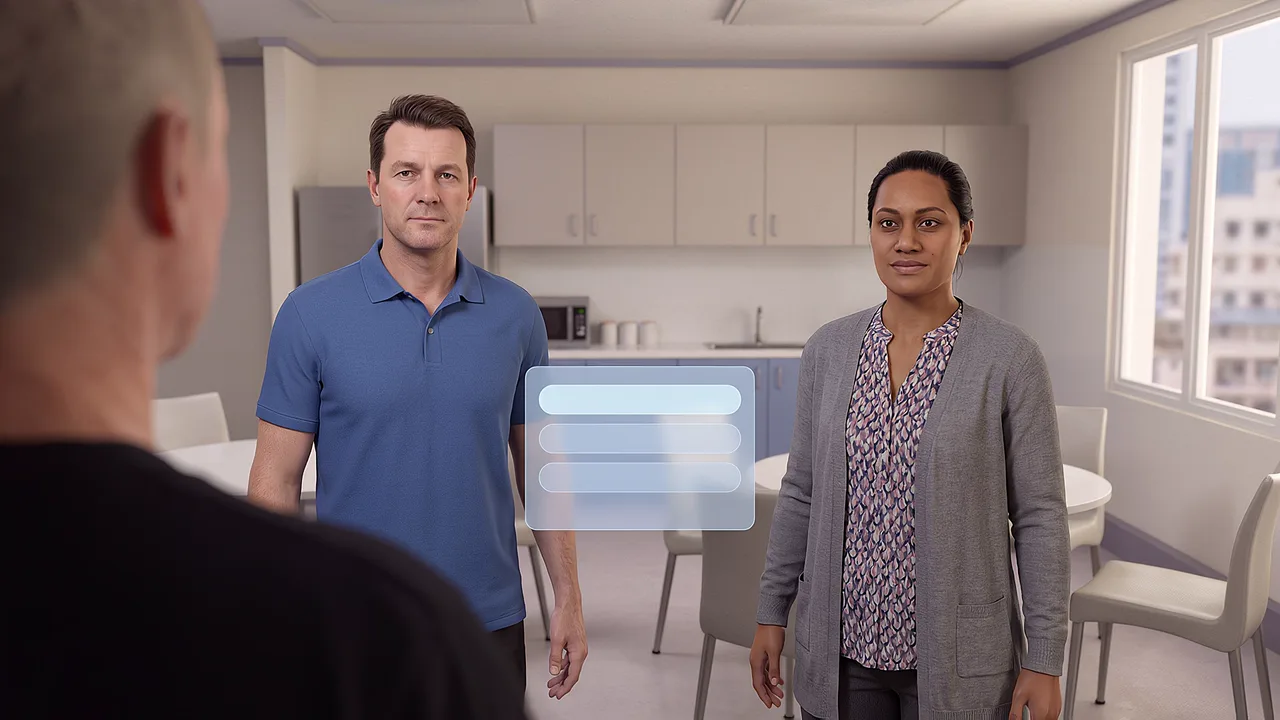 Colleagues stand in a lunch area with a floating panel of responses between them, seen through the headset.