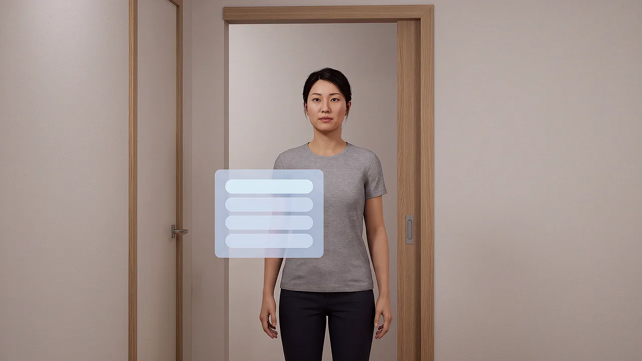 A guide stands between two versions. A first person VR training scenario for immersive VR training questions answered, seen through the headset.