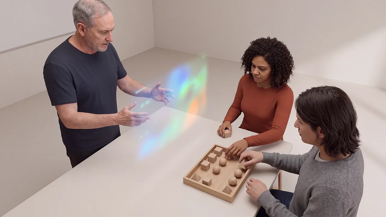 People sort tokens beside an analytics display. A VR training scenario for immersive VR training questions answered.