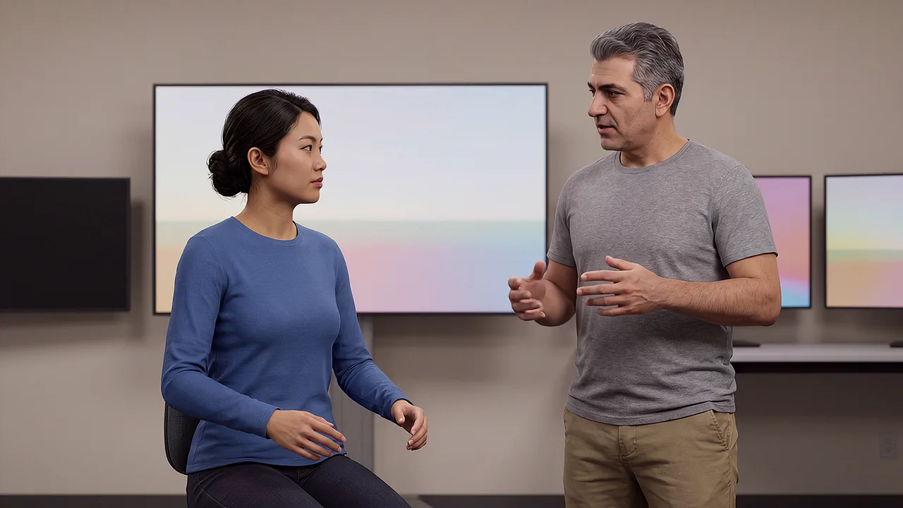 A learner demonstrates limited head movement. A VR training scenario for immersive VR training questions answered.