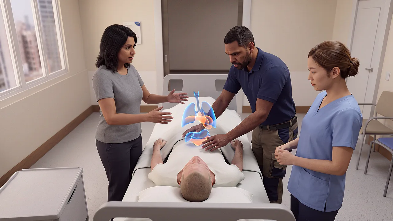 People examine holographic anatomy above a simulation manikin. A VR training scenario for what is mixed reality.