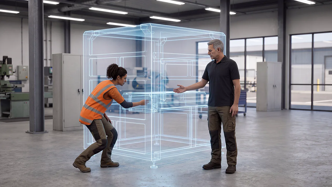 Two people inspect a machine structure. A VR training scenario for what is mixed reality.
