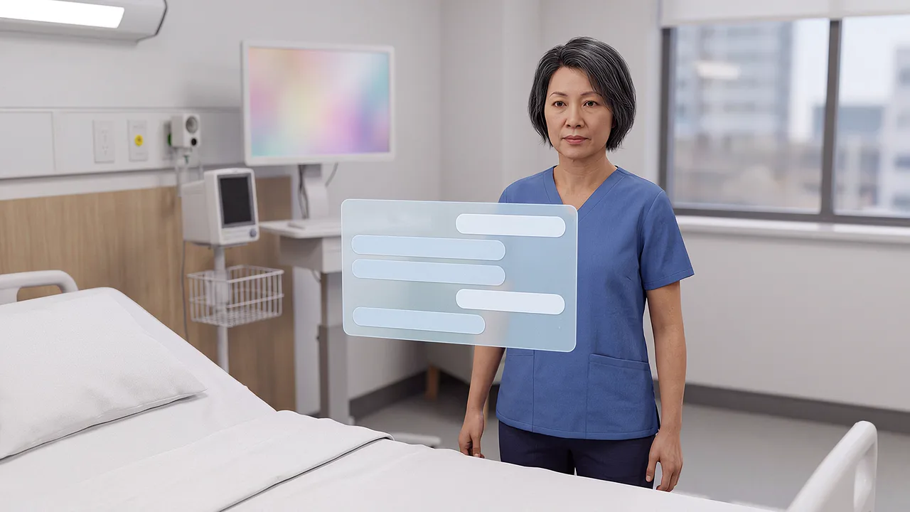 A practice person stands by a clinical bed. A first person VR training scenario for what is mixed reality, seen through the headset.