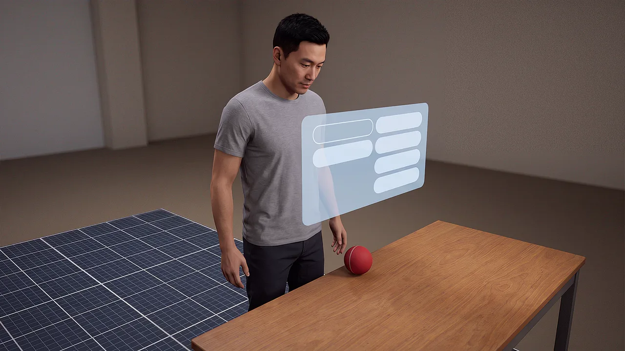 A guide stands beside a ball rolling. A first person VR training scenario for what is mixed reality, seen through the headset.