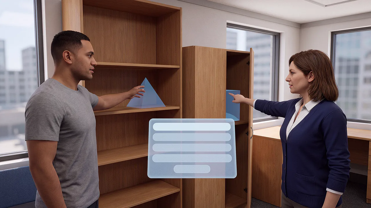 Two guides stand among forms integrated. A first person VR training scenario for what is mixed reality, seen through the headset.