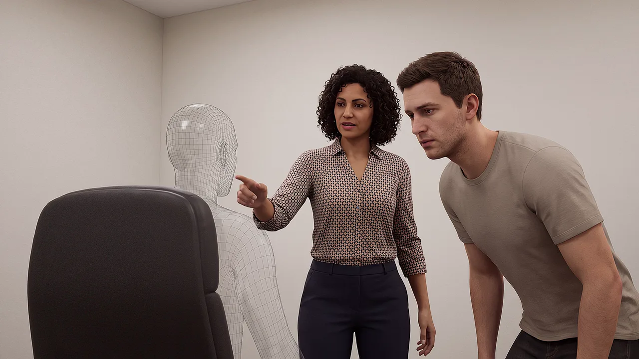Two people display a figure partly hidden. A VR training scenario for what is mixed reality.
