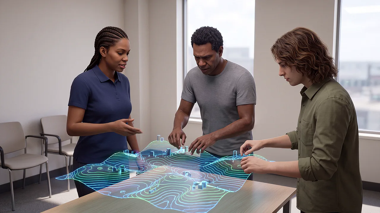 Three people gather around a terrain model. A VR training scenario for what is mixed reality.