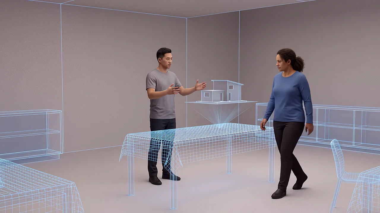 Two people stand in a room. A VR training scenario for what is mixed reality.