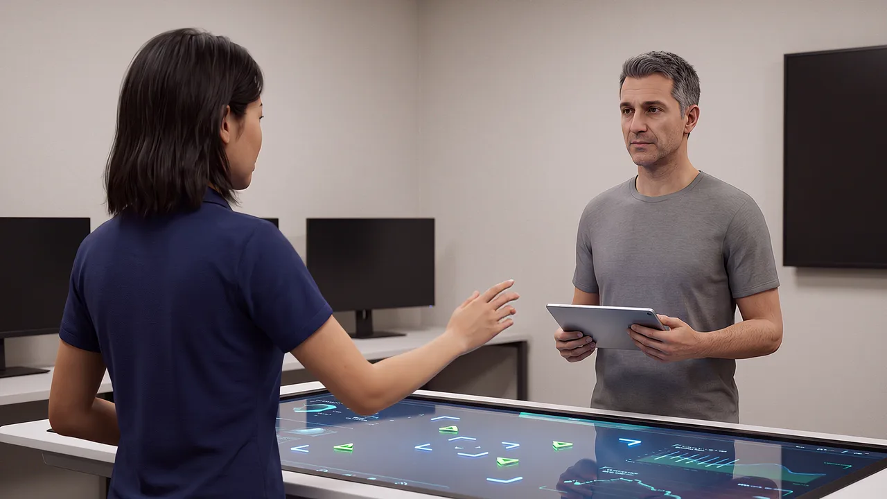 A coach and learner arrange markers. A VR training scenario for AI training and roleplay.