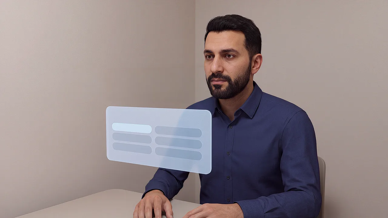 An employee sits across a meeting table. A first person VR training scenario for AI training and roleplay, seen through the headset.