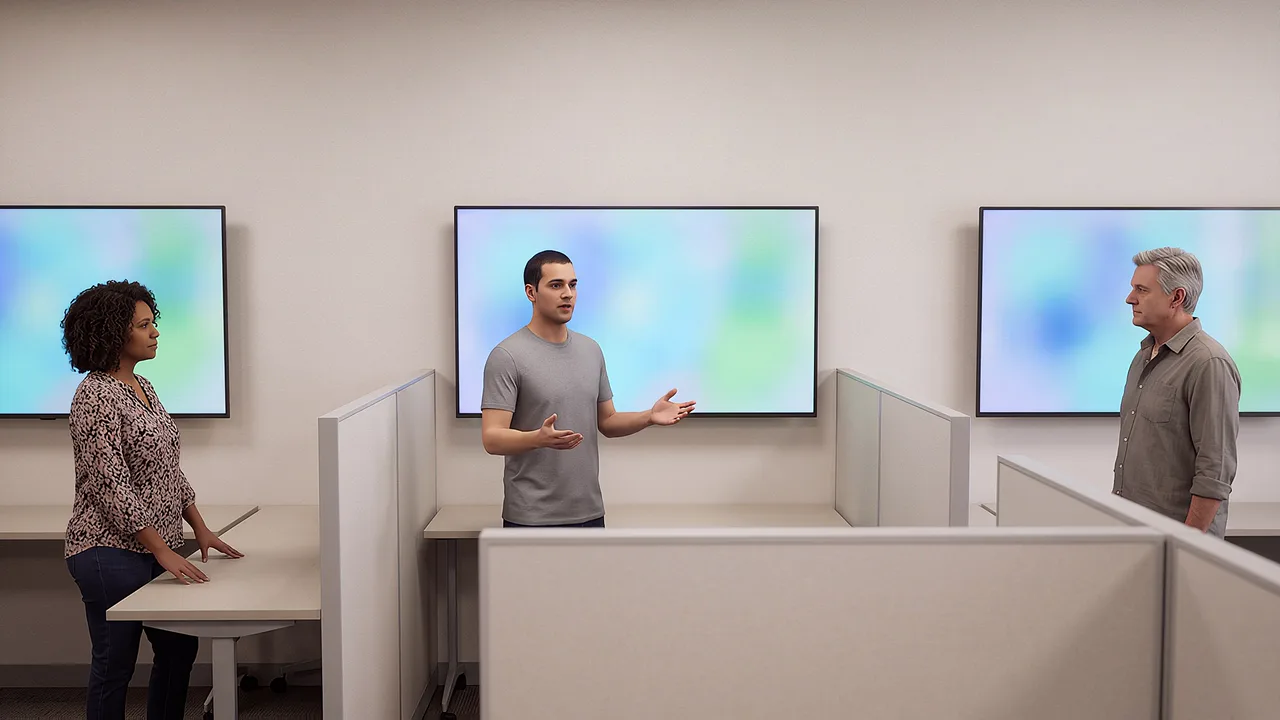 Three people stand beside practice booths. A VR training scenario for AI training and roleplay.