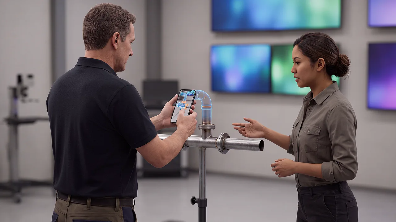 A learner holds a phone above pipework. A rapid prototyping scenario for mobile experiences, from idea to working product.