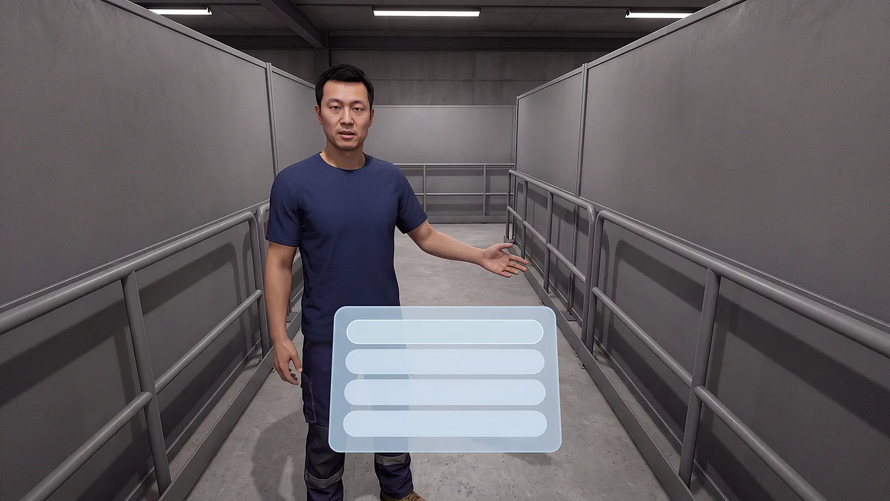 An instructor points down a training route. A first person VR training scenario for VR vs AR vs MR differences, seen through the headset.