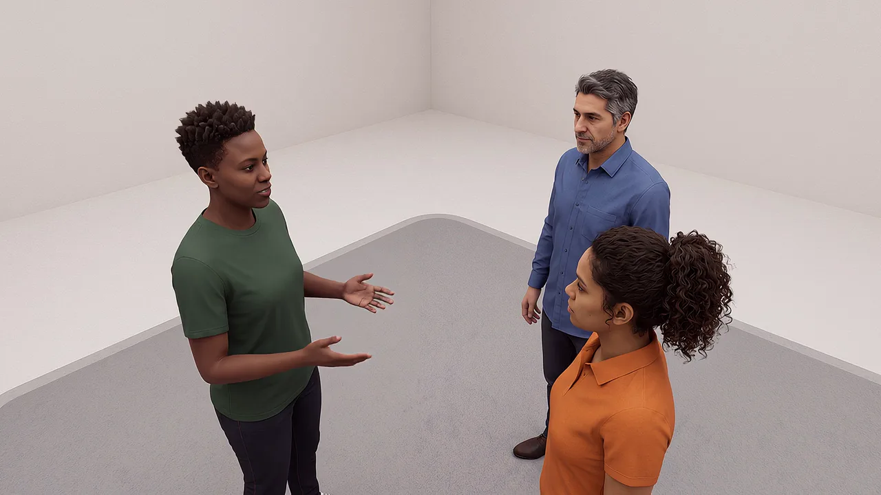 Three people inspect a practice boundary. A VR training scenario for what is virtual reality.