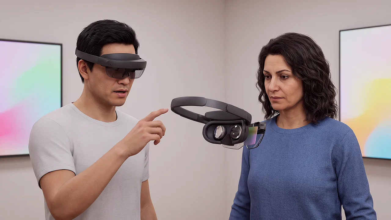 Two people inspect the headset lenses. A VR training scenario for what is virtual reality.