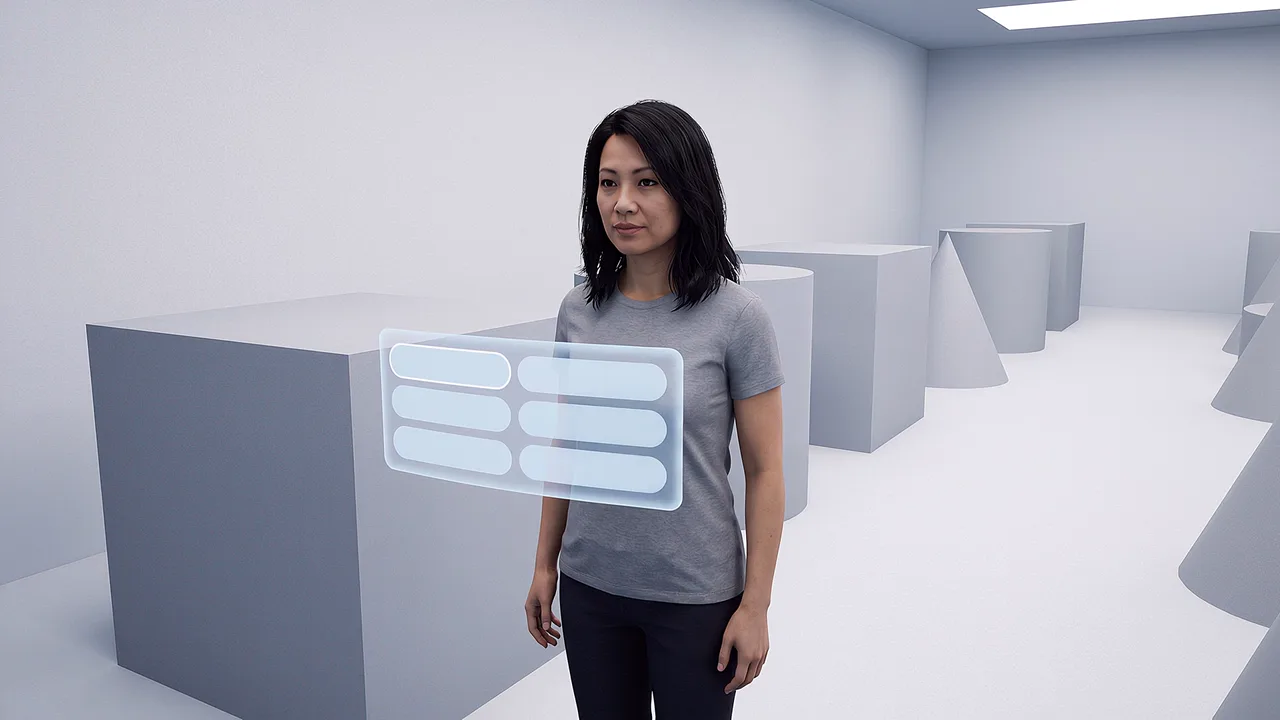 A guide stands among forms arranged in depth. A first person VR training scenario for what is virtual reality, seen through the headset.