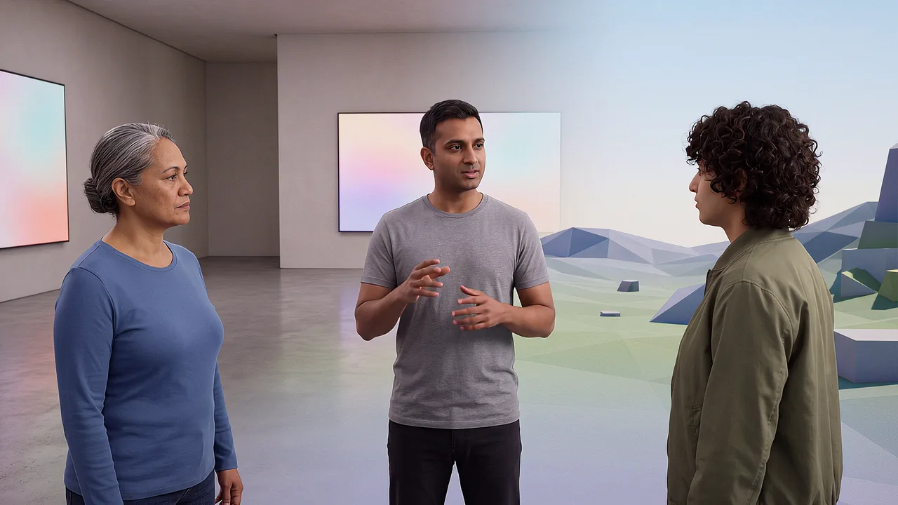 A facilitator explains the spectrum to two people standing where a plain gallery room gives way to a virtual landscape. A VR training scenario for what is extended reality.