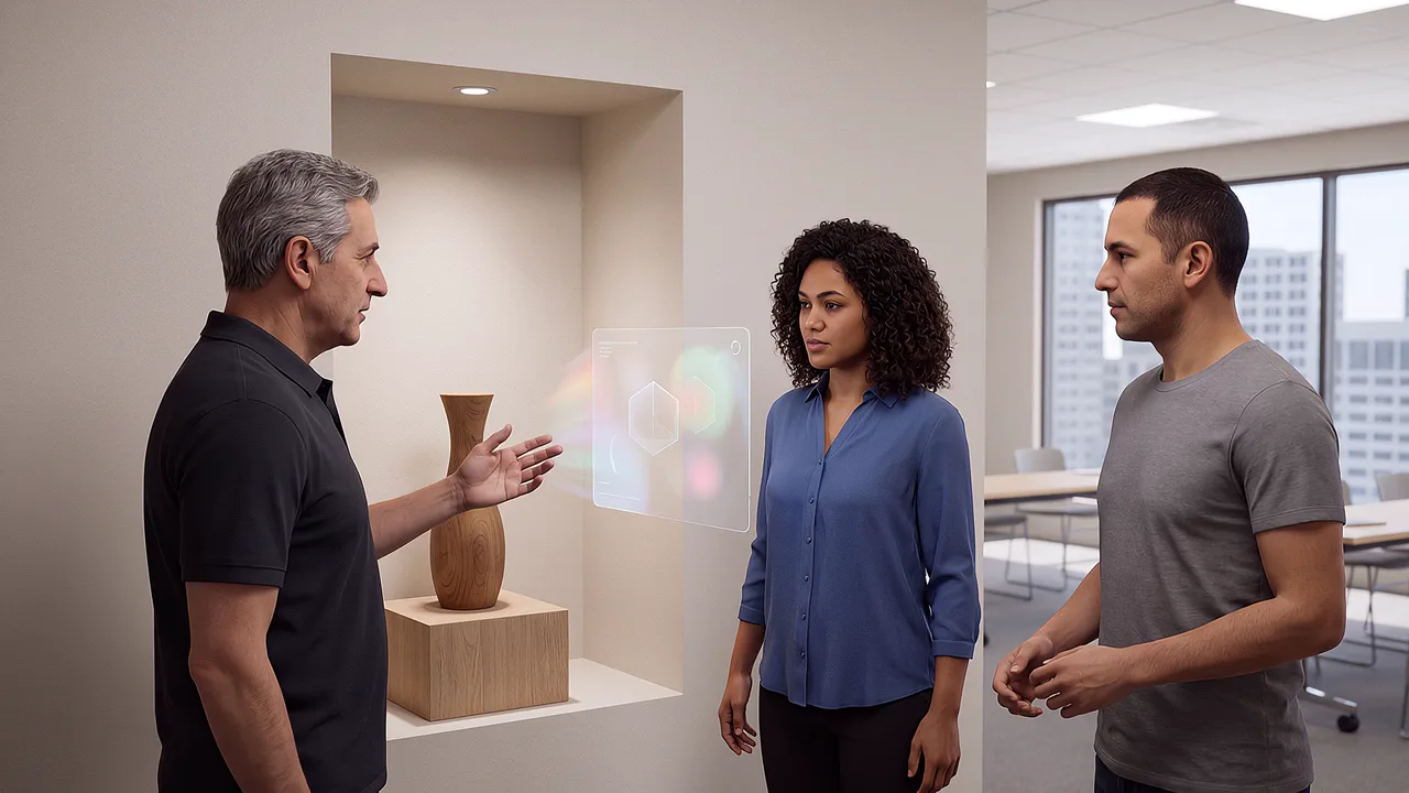 Three people display a visual layer. A VR training scenario for what is extended reality.