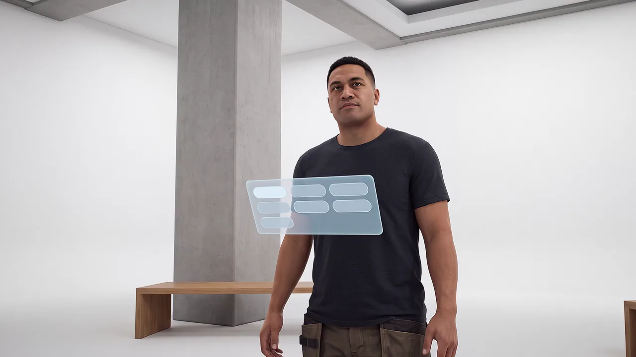 A first person view of a presence scenario. A VR training scenario for what is extended reality, seen through the headset.
