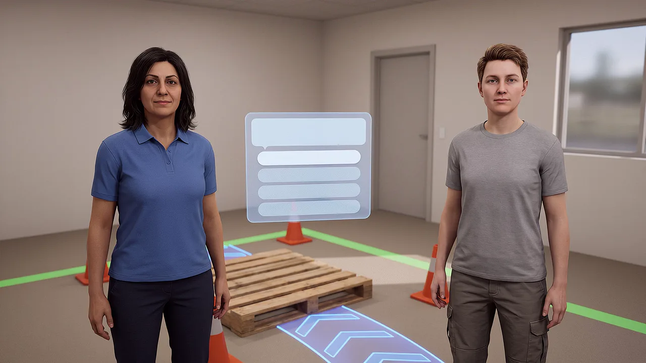 A first person view of a situational scenario. A VR training scenario for what is extended reality, seen through the headset.