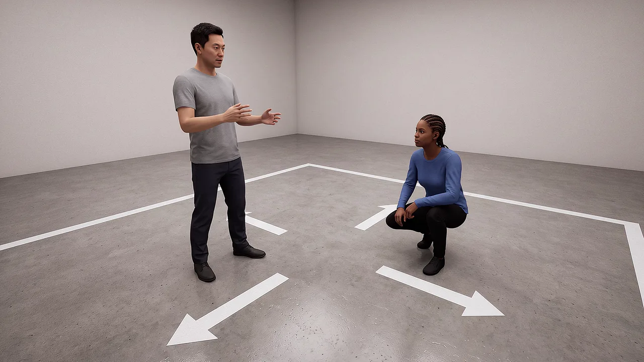 A learner moves inside a tracked space. A VR training scenario for what is extended reality.