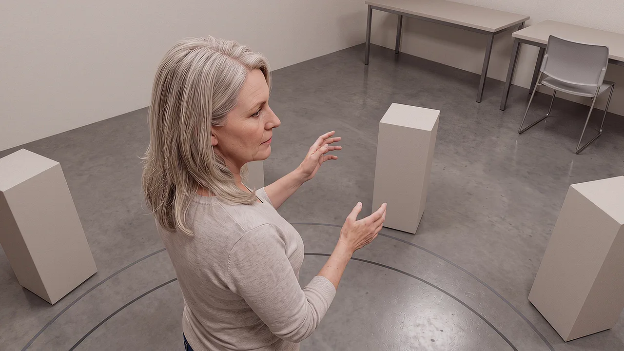 A facilitator stands among sound forms. A VR training scenario for what is extended reality.