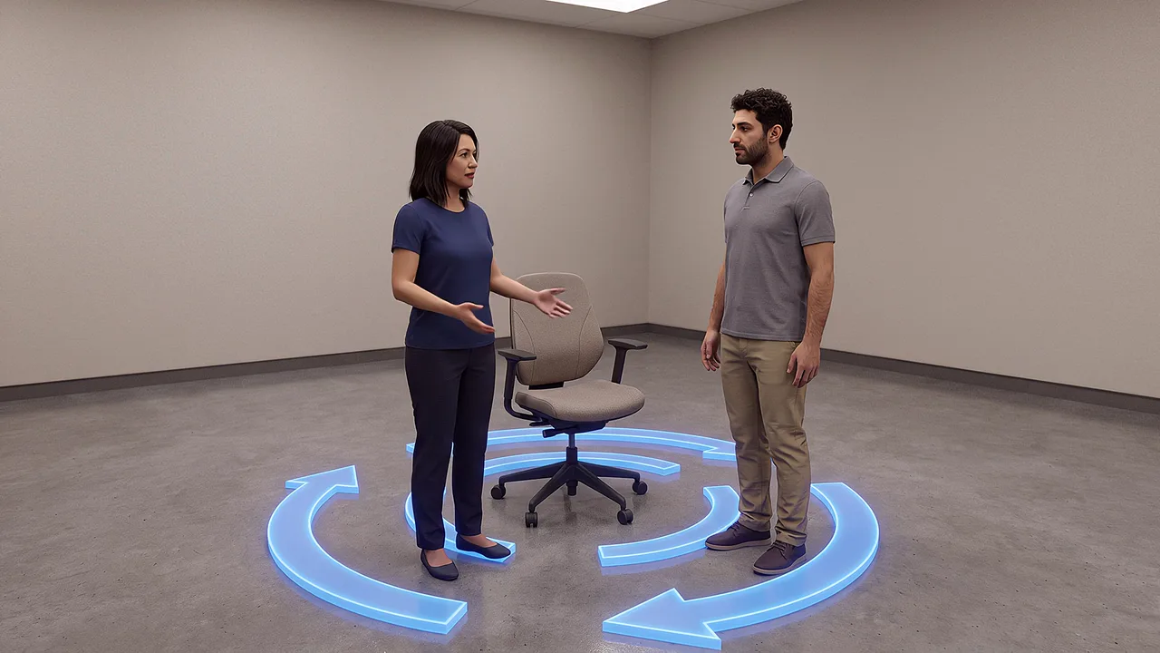 A seated learner demonstrates head rotation. A VR training scenario for what is extended reality.