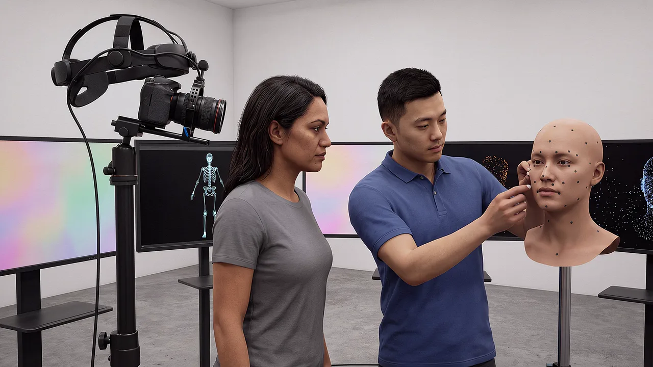 Two artists check facial markers with a headset. A VR training scenario for immersive training and roleplay.