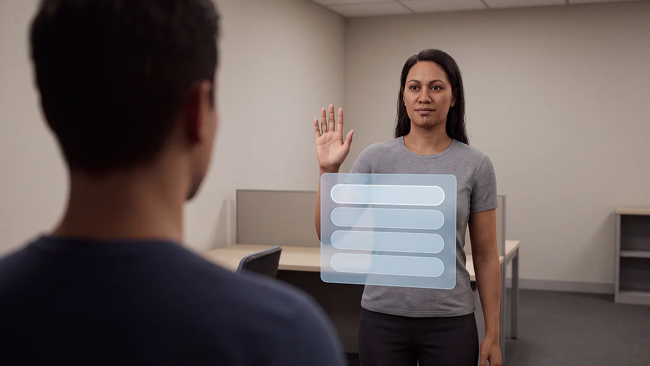 A character raises an open hand toward you. A first person VR training scenario for immersive training and roleplay, seen through the headset.